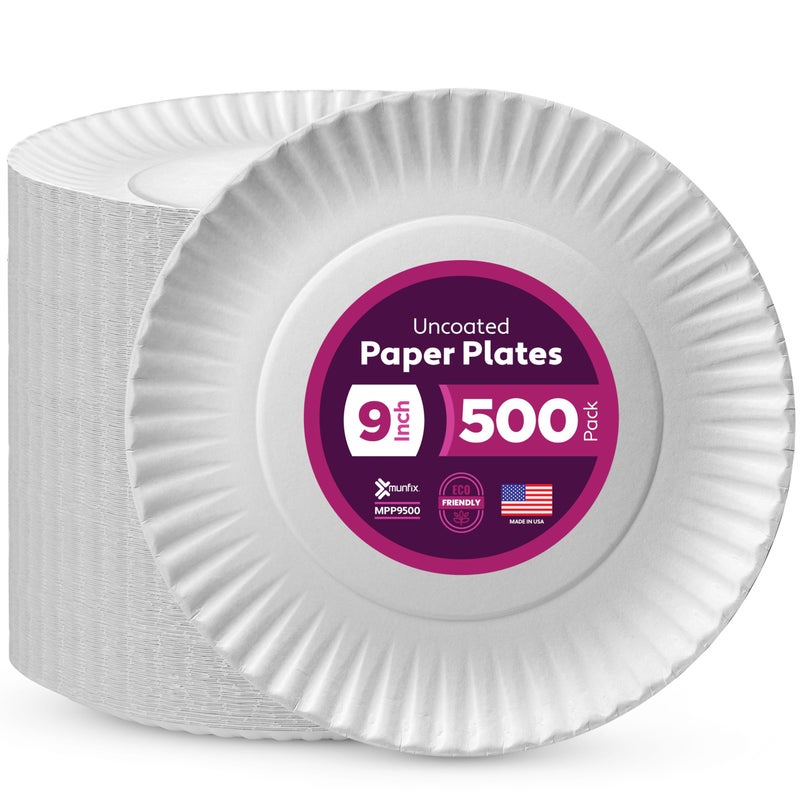 Munfix 500 Pack Uncoated Paper Plates 9 Inch Everyday Disposable Plates White Dinner Plates for BBQ Party Picnics Travel and Events Microwavable Recyclable